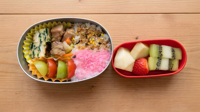 A Japanese homemade bento lunch box with rice topped with pink sakura denbu and colorful furikake, green vegetable omlet, braised pork, red and green cherry tomatoes, and a separate red container with