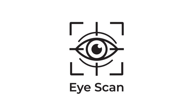 Eye Scan Icon with Camera Frame and Iris Symbol, Featuring Simplified Black Line Design for Medical Vision Screening Concept