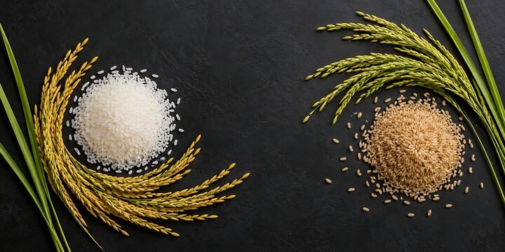 Premium White and Brown Rice with Golden and Green Paddy Ears on Black Background Agricultural Food Concept