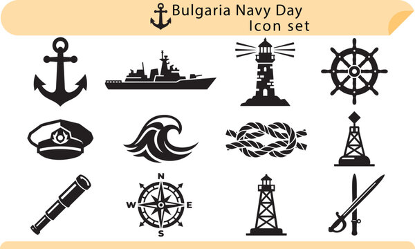 Bulgaria Navy Day celebration icon set with nautical and maritime symbols.