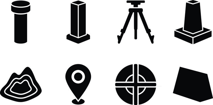 Minimalist black silhouettes of surveying and mapping icons including markers, tripod, monument, contour map, location pin, crosshair, and land parcel