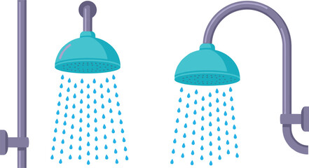 Modern bathroom shower head set with water drops falling down from faucet nozzle flat vector illustration © MSTSABINA