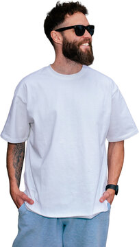 Blank white t shirt mockup on bearded man isolated on transparent background