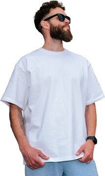 Blank white t shirt mockup on bearded man isolated on transparent background