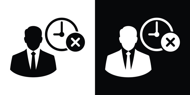 Businessman avatar icon with a clock and a cross cancel mark. Concept for missed deadlines, rejected schedules, or cancelled business meetings.