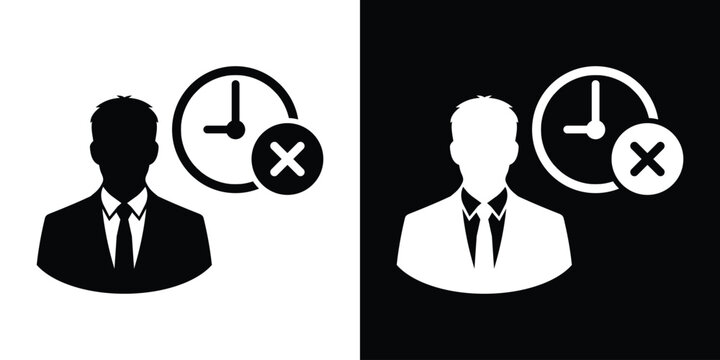 Businessman avatar icon with a clock and a cross cancel mark. Concept for missed deadlines, rejected schedules, or cancelled business meetings.
