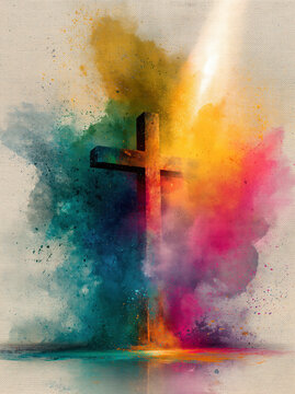Wooden Cross with Color Explosion Abstract Spiritual Concept. AI generative.
