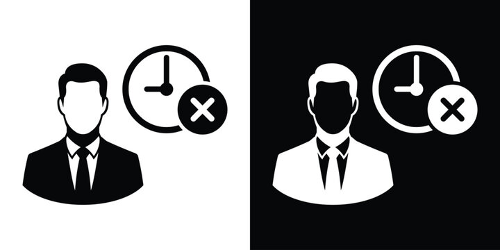 Businessman avatar icon with a clock and a cross cancel mark. Concept for missed deadlines, rejected schedules, or cancelled business meetings.
