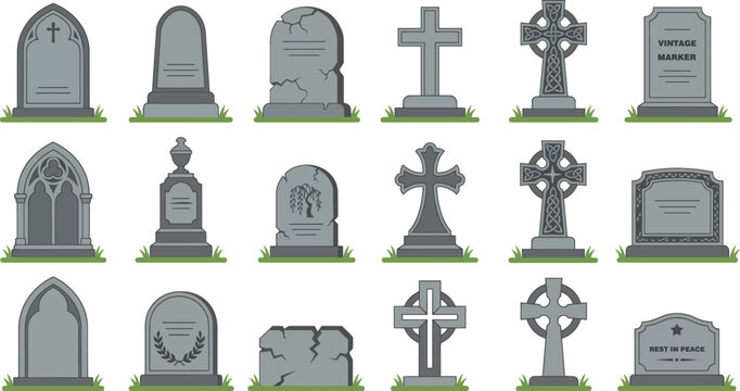 Cemetery grave stone vector set with various tombstone designs