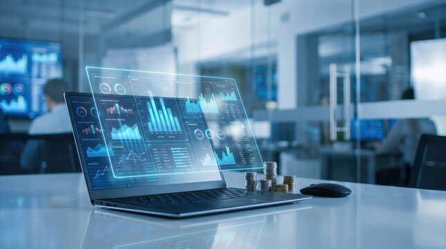 Data analysis takes place on a laptop in a modern office with charts and graphs displayed clearly