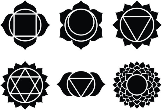A premium black silhouette vector collection of the Seven Chakra Symbols, each featuring authentic lotus petals and sacred geometric center symbols.