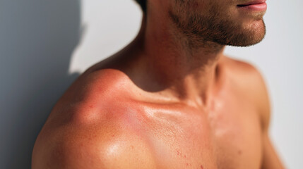 Naklejka premium Sunburned Chest And Neck On Caucasian Male Athlete, Glistening Skin Under Strong Sun, Defined Torso And Shoulder With Raw Red Patches, Postmatch Fatigue And Urgent Need For Cooling Care.