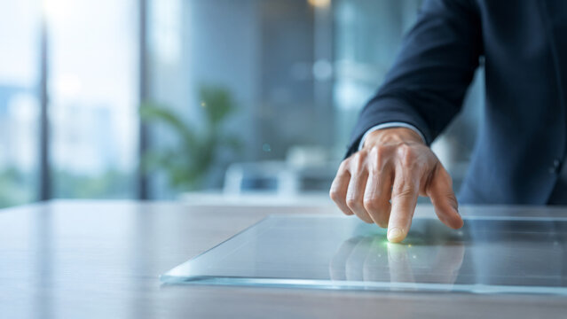 Business Person Touching Transparent Digital Interface with Copy Space