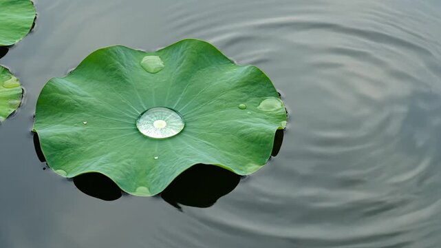 Serene video of a green lotus leaf floating on calm water. Water drops fall nearby, creating gentle ripples that expand across the dark surface while a single pearl-like drop sits on the leaf.