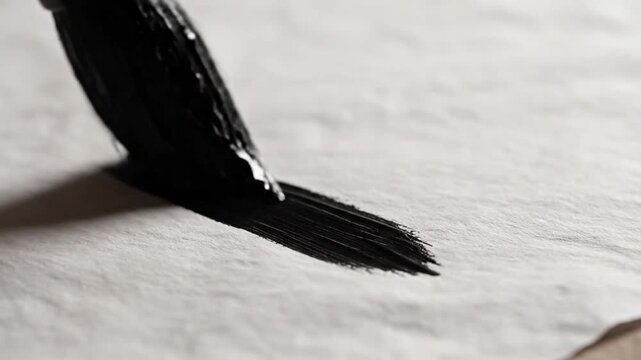 A traditional calligraphy brush saturated with black ink glides gracefully across a textured sheet of paper, leaving a bold, fluid stroke that captures the essence of artistic expression.