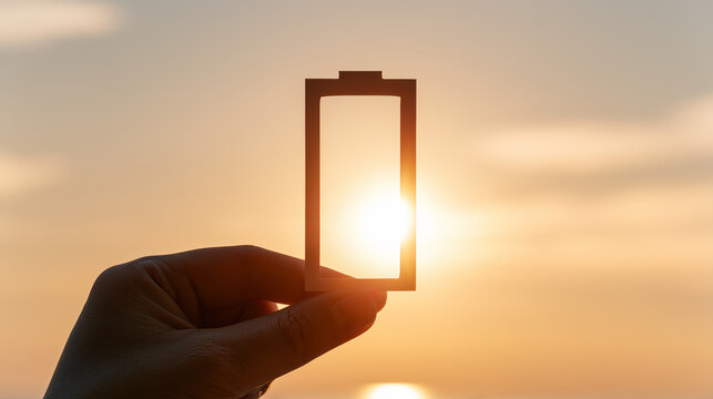Battery Energy Storage Symbol at Sunrise with Copy Space
