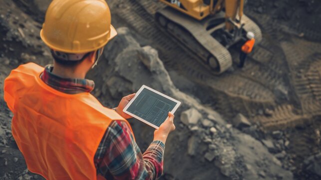 Construction worker in vest and helmet monitors a dig site on a tablet, excavator visible