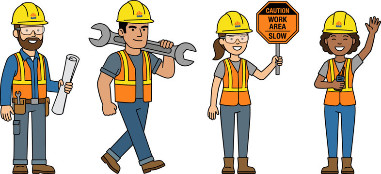 Construction Worker Character Vector Set with Engineer Holding Blueprint Builder Carrying Wrench Road Worker and Flagman for Labor and Industrial Safety Designs