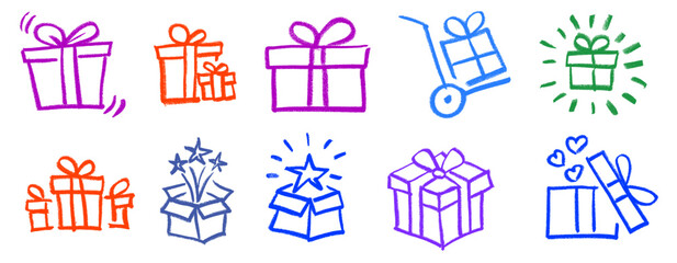 Gift Icons Crayon Chalk Drawing Doodle Vector Set © Grunge Designs