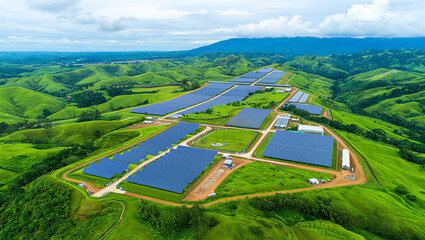 Large scale solar power project located in rolling green highlands with renewable, mountains © Sabbir Media