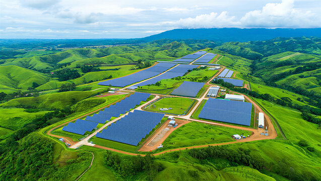 Large scale solar power project located in rolling green highlands with renewable, mountains