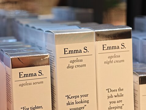 Eskilstuna, Sweden-Nov.27th 2025: Emma S. brand ageless skincare paper box packaging on display.