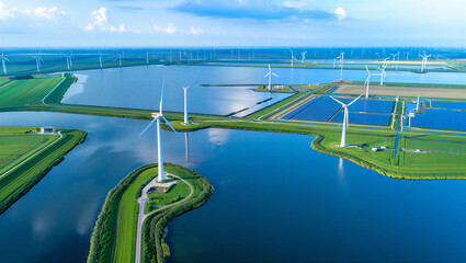 Hybrid renewable energy site with wind turbines and solar farm turbines renewable sustainability © Sabbir Media