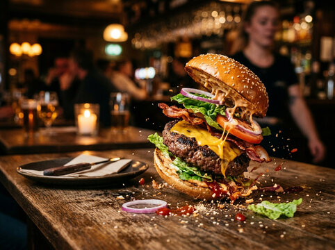 Gourmet Exploding Burger with Cheese, Bacon, and Lettuce Levitating on a Pub Wooden Table