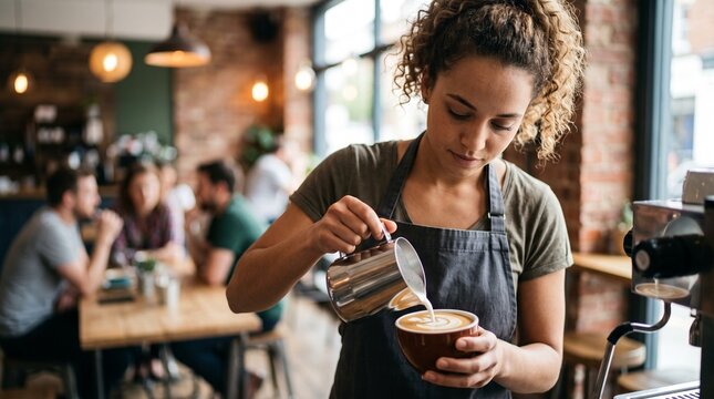 Professional female barista pouring steamed milk into a cup making latte art in a crowded specialty coffee shop, close up portrait.