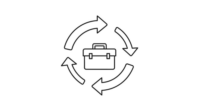 Tool box with circular arrows depicting a repair service workflow or continuous improvement process, isolated white background.