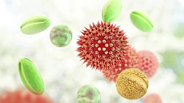 Pollen grains, 3D animation showing various airborne pollen particles of different shapes and surface textures slowly drifting in air, associated with plant reproduction and seasonal allergies.