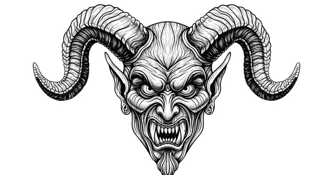 Demon head illustration with large ram horns and an angry expression in a detailed black and white engraving style.