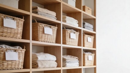 Fototapeta premium Wicker baskets and folded linens on wooden cubby shelves for organized closet storage