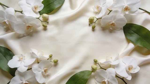 White orchid and satin background for wedding stationery, spa branding and luxury product photography
