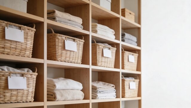 Wicker baskets and folded linens on wooden cubby shelves for organized closet storage