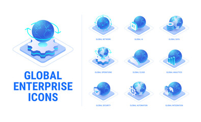 Fototapeta na wymiar Technology Global Enterprise icons set for workflow diagram or business presentation - Global network, AI, data, operations, automation, integration, cloud, analytics - high quality isometric vector 