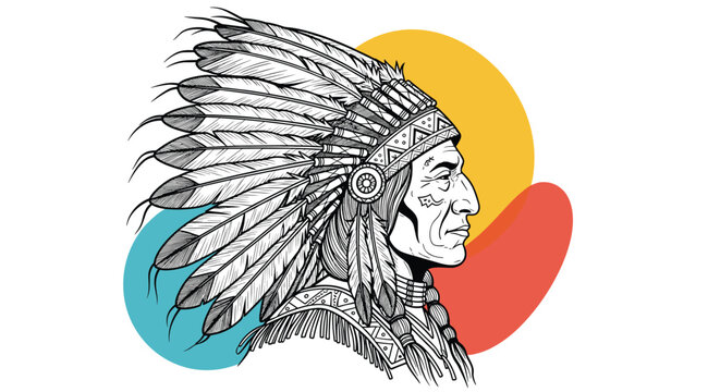 Profile portrait of a Native American chief wearing a large feathered headdress against a colorful background.