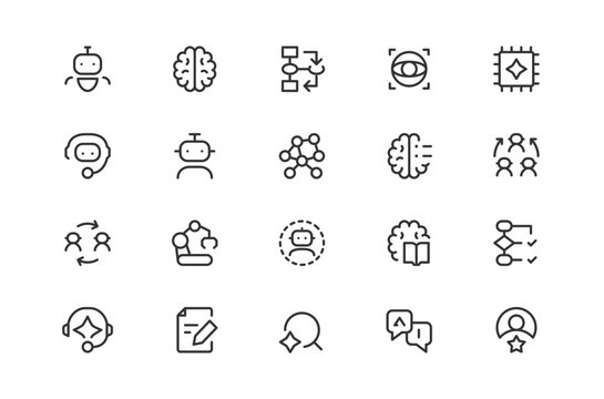 Artificial intelligence and machine learning line icons set. Collection of tech symbols including chatbot, brain, neural network, robotics, data processing, and smart automation. Editable stroke vecto