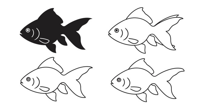 Collection of goldfish icons featuring one solid black silhouette and three line art versions with different tail fin designs.