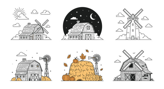 Set of vintage farm scene illustrations featuring barns and windmills in a detailed line art woodcut style on a white background.