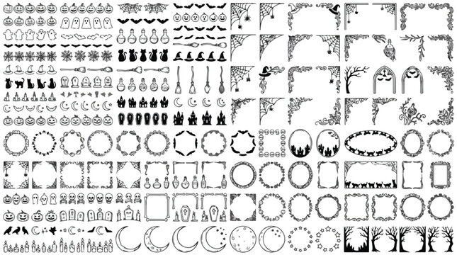 Halloween decorative border set, spooky black frame collection, gothic corner ornaments and mystical silhouette icons, vector illustration