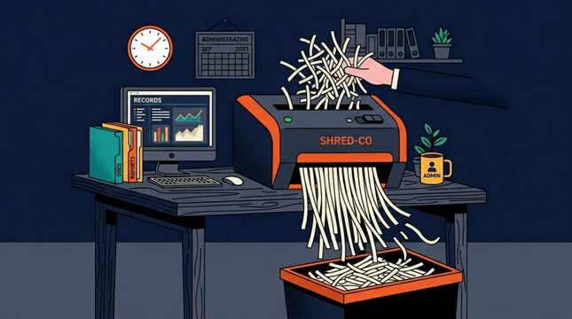 Professional office worker shreds confidential business documents in a modern desktop paper shredder to ensure data security and privacy compliance at work