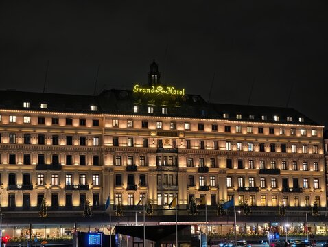 Stockholm, Sweden-Nov.27th 2025: Grand H&ocirc;tel building exterior at night in Stockholm, Sweden