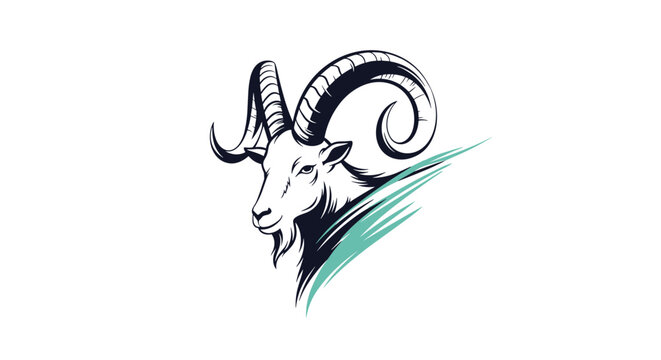 Ram head illustration with magnificent curved horns shown in an artistic navy blue and green textured brushstroke style.