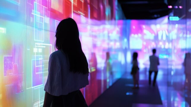 Visitor stands before a large interactive digital wall displaying complex data visualizations and geometric patterns that illuminate the room with a spectrum of vivid multi-colored glowing light.