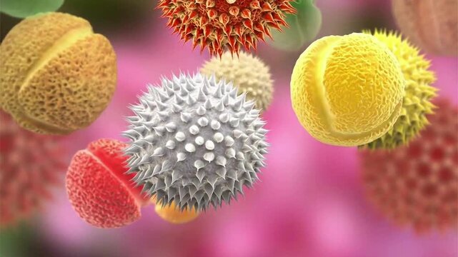 Pollen grains, 3D animation showing various airborne pollen particles of different shapes and surface textures slowly drifting in air, associated with plant reproduction and seasonal allergies.