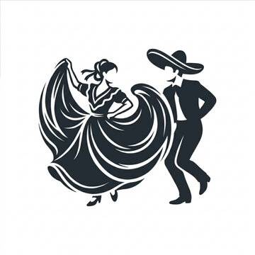 Mexican folk dancers silhouette icon featuring a couple performing traditional dance in a minimalist vector style suitable for cultural event branding