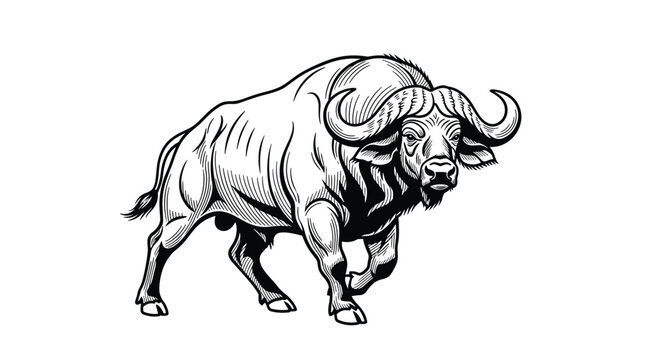 Powerful hand drawn engraving style illustration of a large african buffalo charging forward on a plain white background.