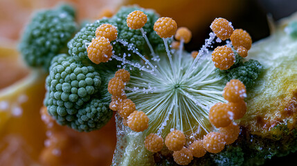 Fototapeta premium Aspergillus mold colony macro surface on aged citrus rind, radiating conidiophore structure and spore chain detail in extreme closeup, mycology decay transformation texture, natural decomposition sc