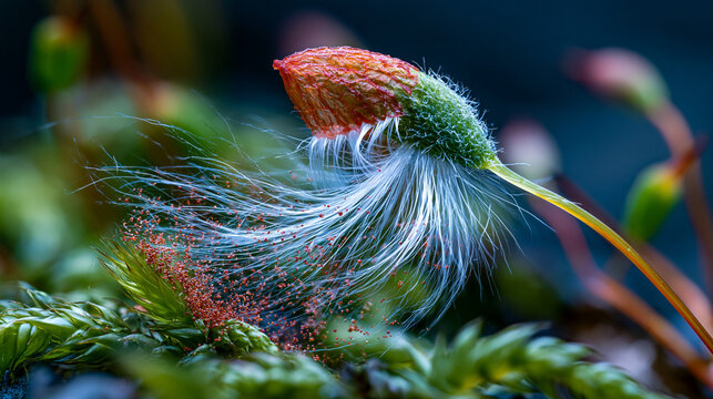 Bryophyte moss capsule with intact operculum and peristome teeth at dehiscence point, spore mass releasing from seta stalk in extreme macro, botanical reproduction cycle detail, bryology science edu
